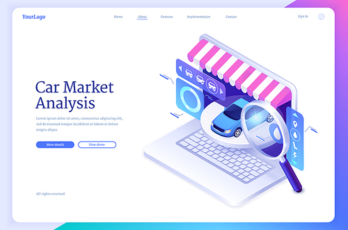 Car market analysis isometric landing page. Modern automobile at laptop screen with vehicle options, striped canopy and magnifying glass. Online service for sellers or buyers, 3d vector web banner