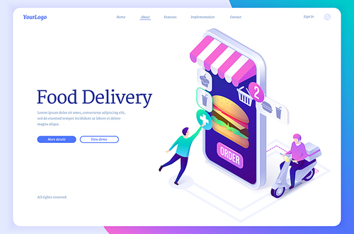 Food delivery banner. Online service for order from restaurant or store with fast shipping. Vector landing page with isometric illustration of smartphone with burger on screen and courier on scooter