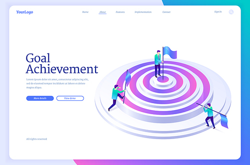 Goal achievement banner. Concept of work strategy for achieve objectives and purpose performance. Vector landing page with isometric illustration of people with flags on circle target