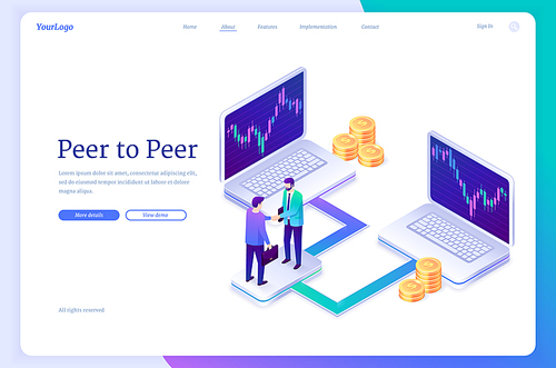 Peer to peer business communication, P2P banner. Concept of distributed economy, one-rank fintech relationships. Vector landing page with isometric illustration of people handshake, laptops and money