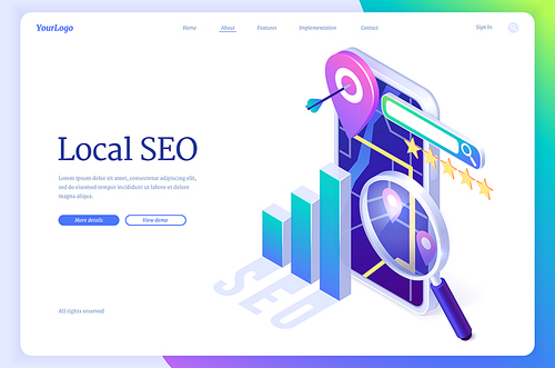 Local SEO isometric landing page. Search engine optimization, ranking internet marketing and digital business content. Smartphone screen with navigation pin, chart and glass, 3d vector web banner