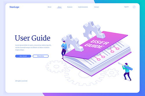 User guide isometric landing page, tiny people at huge manual book, guidance document with cogwheels, men use gadget and screwdriver. Instruction guidance booklet, tutorial help, 3d vector web banner