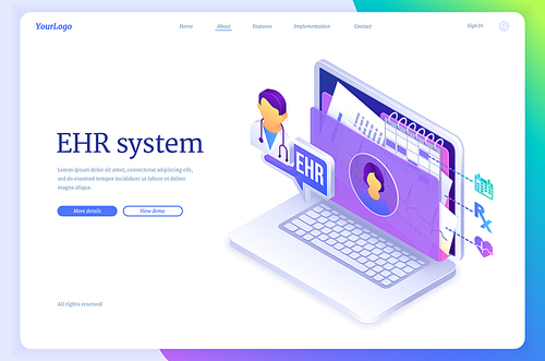 EHR system banner. Online database with patient medical reports. Vector landing page of electronic health record with isometric illustration of laptop with patient profile on screen