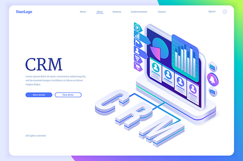 CRM banner. Concept of customer relationship management, marketing strategies and technologies for manage and development client interactions. Vector landing page with isometric illustration