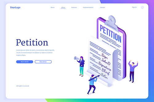 Petition banner. Concept of document with claim or appeal, agitation for sign request. Vector landing page with isometric illustration of people and petition with signature on clipboard