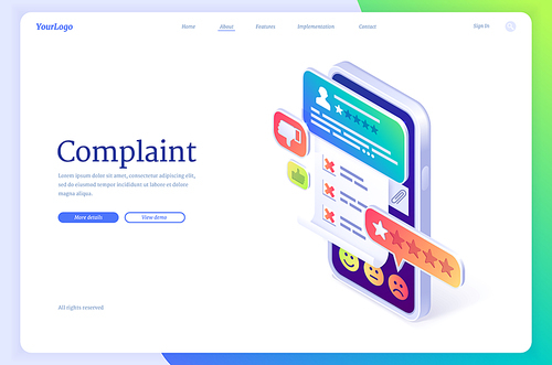 Customer complaint isometric landing page. Smartphone with application for clients feedback and review rate, support call service operators chatting, mobile phone app with chatbot 3d vector web banner
