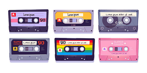 Audio cassettes, retro tapes, media storage for music and sound isolated on white . Vintage style analog hipster devices, mixtapes of eighties ages culture. Cartoon vector illustration, set