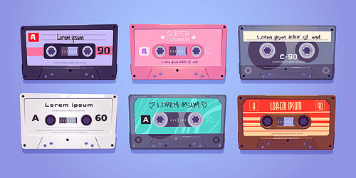 Audio cassettes, retro tapes, media storage for music and sound isolated on white . Vintage style analog hipster devices, mixtapes of eighties ages culture. Cartoon vector illustration, set