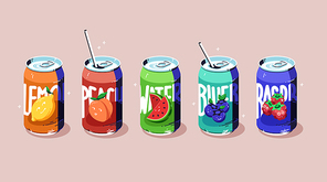 Soda cans set, cold fruit drinks of various flavors lemon, peach, watermelon and blueberry and raspberry. Closed and open metal bottles with straws, sweet fizzy fresh beverages, Cartoon illustration