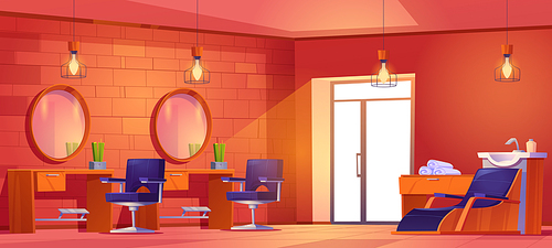 Hair salon or barbershop interior with hairdressing chairs, mirrors, sink and towels. Vector cartoon illustration of empty modern beauty salon, barber studio or parlour for makeup and style
