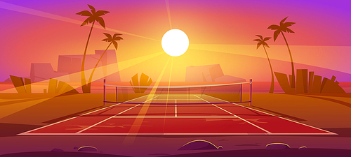 Tennis court, outdoor field for sport exercises with net and markup lines on ground, private stadium area on beautiful sunset view with palm trees and rocks landscape, Cartoon vector illustration