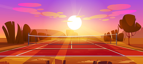Tennis court at sunset. Sport field with net in center, red clay surface and white lines. Vector cartoon summer landscape with empty tennis pitch on lawn with trees and bushes at evening