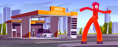 Charger station for electric cars with market and inflatable tube man. Vector cartoon cityscape with eco charge station on road, buildings on horizon and red air dancer