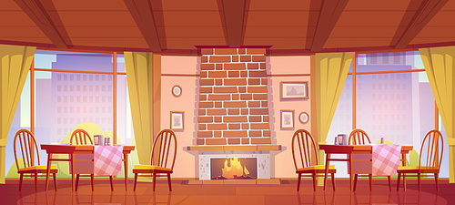 Cozy cafe or restaurant with fireplace and windows with city view. Vector cartoon interior of cafeteria with wooden furniture, table, chairs and brick fireplace with burning flame