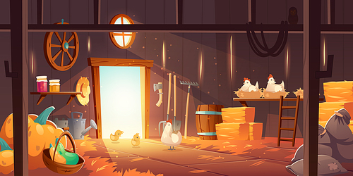 Barn on farm with chickens, straw and hay. Vector cartoon interior of old wooden shed with hen nests, haystack, fork, garden tools, bags and pumpkin. Rural barnhouse for storage harvest