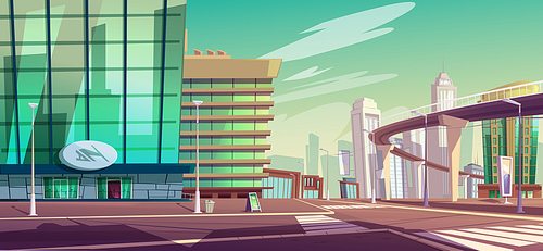 Cityscape with crossroad, overpass highway or subway and skyscrapers. Vector cartoon landscape of town street with buildings, crosswalk and road on bridge
