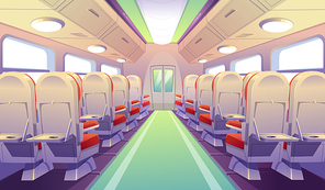 Empty bus, train or airplane interior with chairs and folding back seat tables. Vector cartoon cabin of passenger carriage transport with comfortable seats and foldable tray desk