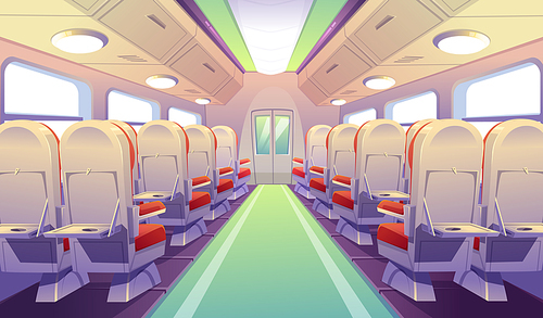Empty bus, train or airplane interior with chairs and folding back seat tables. Vector cartoon cabin of passenger carriage transport with comfortable seats and foldable tray desk