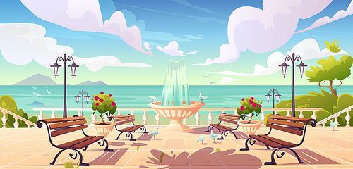 Summer seafront with fountain, benches and vintage fence. Vector cartoon sea landscape with quay, empty ocean promenade with decorative trees, street lamps and gulls