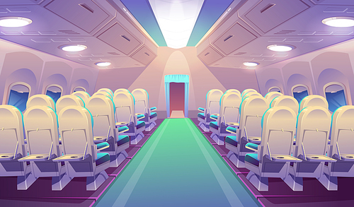 Empty airplane interior, plane salon with chairs and folding back seat tables. Vector cartoon cabin of passenger carriage transport with comfortable seats and foldable tray desk