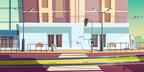 City street with car road and tram rails. Vector cartoon cityscape of empty road with traffic light, pedestrian crosswalk and railway. Urban landscape with sidewalk, building and tramway track
