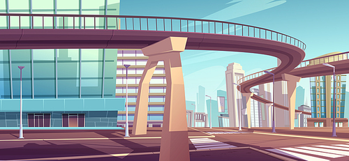 Cityscape with overpass highway or subway above crossroad and town street. Vector cartoon landscape of modern city with skyscrapers, crosswalk and road on bridge