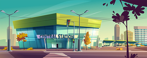 Central bus station. Vector cartoon cityscape with modern city transportation building, street with traffic lights and platform with benches. Waiting terminal for passenger carriage