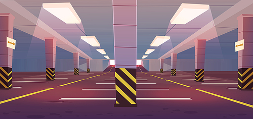 Underground car parking. Empty basement garage with road marking lots for automobiles, guiding arrows on road and columns to entrance. Vector cartoon interior of parking in mall or city house