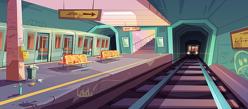 Metro station, arriving train to empty subway platform from underground tunnel. Vector cartoon illustration of messy subway interior with trash, graffiti on seats and walls in ghetto area