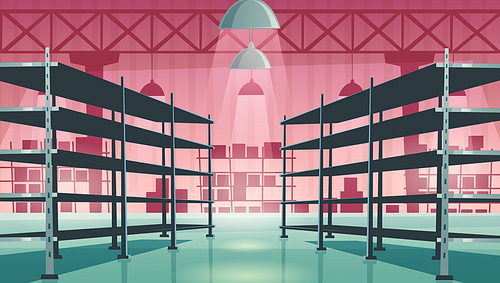 Warehouse interior with empty metal racks. Vector cartoon illustration of storage room interior with shelves for stock, cargo, goods. Storehouse in store, garage, market