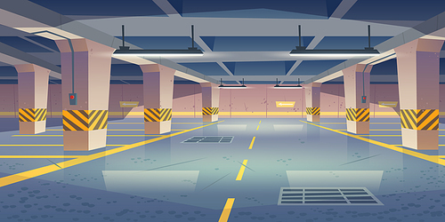 Underground car parking. Vector cartoon interior of empty basement garage with columns, road marking lots for automobiles and guiding arrows on wall. Car parking in mall or city house