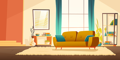Living room interior with sofa, bookshelves and plants. Vector cartoon illustration of modern lounge with big window, blue curtains, carpet and picture on wall