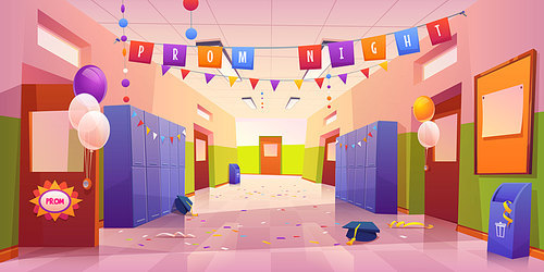 School hall after prom night celebration. Empty college corridor interior with balloons, garlands on students lockers, confetti and academic hats scattered on tiled floor. Cartoon vector illustration