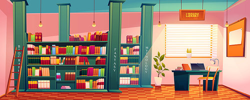 Library with books on shelves and laptop on table. Vector cartoon illustration of school, university or public library or store with bookcase, ladder, desk for study and chair