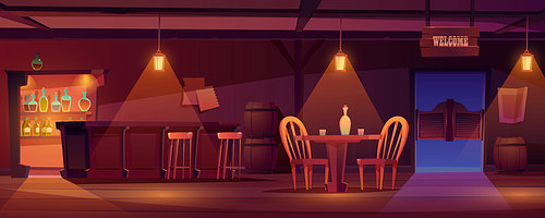 Cowboy saloon, western retro bar empty interior with dim light, furniture and stuff. Wooden swing door, table, chair and desk, barrels, glass bottles, lantern and welcome signboard. Cartoon vector