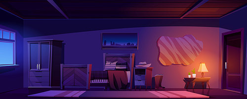 Cowboy bedroom interior at night. Vector cartoon illustration of empty room in rustic house or ranch with wooden bed, wardrobe, hat on nightstand, bull skin on wall and lamp light
