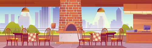 Pizzeria or family outdoor cafe with oven for pizza on cityscape background, Empty cozy open air cafeteria with cashier desk, wooden tables and chairs in rustic style, Cartoon vector illustration