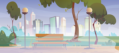 City park with green trees, grass, wooden bench and lanterns in fog. Vector cartoon summer landscape with empty public garden with mist and town buildings on skyline