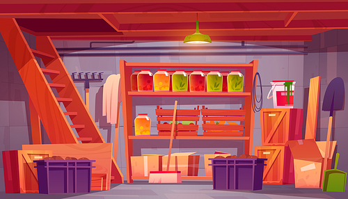 Storage room in house basement with food preserves on shelves, garden tools and boxes. Vector cartoon interior of storeroom in home cellar with wooden stairs and crates with vegetables