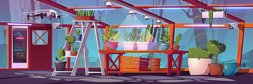 Smart farming in glass greenhouse with plants, drone, irrigation and monitoring system. Vector cartoon interior of empty hot house with cultivation technologies and innovations