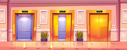Luxury hallway interior with golden elevator doors, marble wall and plants. Vector cartoon illustration of empty office lobby, hotel hall or waiting area with gold lift