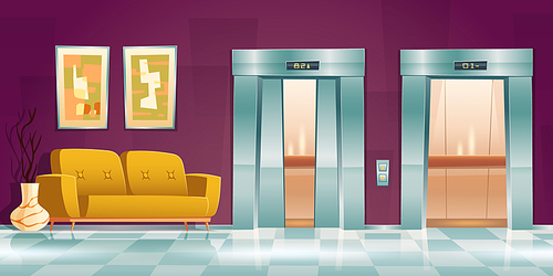 Hallway with lift doors, empty lobby interior with couch, slightly ajar and open elevator gates. Office or hotel with passenger cabins, button panel and floor indicator, Cartoon vector illustration