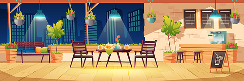 Summer terrace, night outdoor city cafe, coffeehouse with wooden table, chairs, illumination and potted plants, chalkboard menu on cityscape view. Modern street cafeteria, Cartoon vector illustration