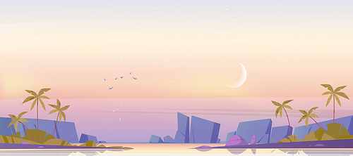 Tropical landscape with sea bay, palm trees and mountains on horizon in morning. Vector cartoon illustration of summer seascape with lagoon shore, rocks and moon in sky after sunset
