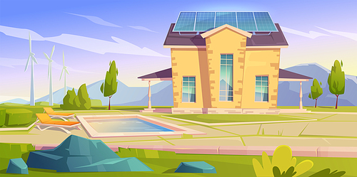 House with solar panels and wind mills. Eco friendly home, modern building on nature landscape with trees and swimming pool. Green renewable energy, organic architecture, Cartoon vector illustration