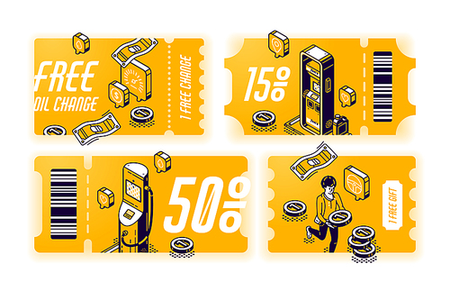 Yellow coupons for free oil change, vouchers with gift or discount for car service. Vector set of certificates with isometric illustration of gas station. Tickets with offer for vehicle maintenance