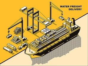 Water freight delivery, yellow isometric line art vector concept. Sea port, river dock with cranes unloading cargo barge or ship with containers. Export import logistics, international cargo shipment