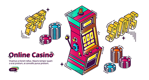Online casino isometric landing page, gambling house with slot machine, 777 number and chips. Gaming industry money business, games of chance entertainment 3d vector illustration, line art, web banner