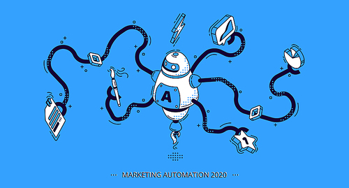 Marketing automation 2020 isometric banner. Technology for SEO, internet, digital business content. Octopus robot with many hands holding office attributes and graphs. 3d vector illustration, line art