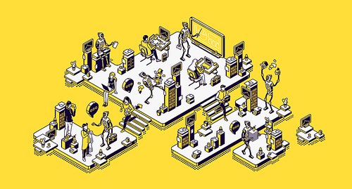 Human and ai robots office workers. Robotic employees together with people in futuristic workplace. Cyborgs automation, artificial intelligence technologies, isometric 3d vector line art illustration